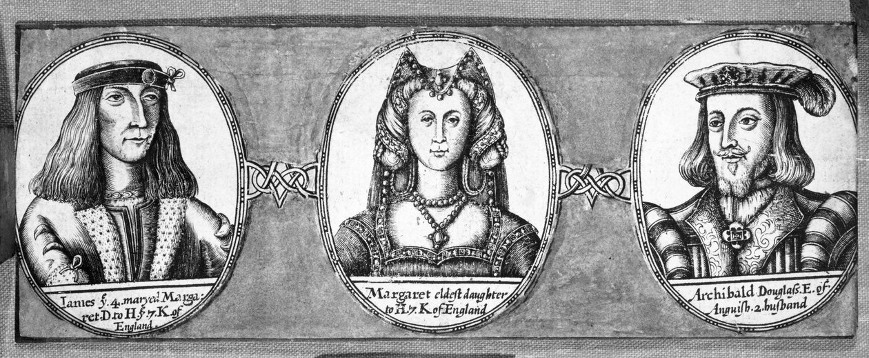 Margaret Tudor com dois de seus maridos, James IV e Archibald Douglas de English School
