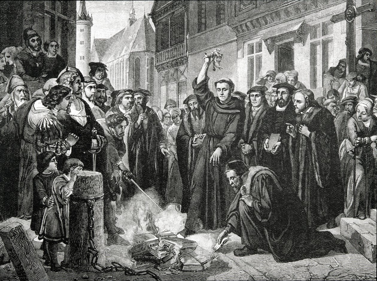 Martinho Lutero (1483-1546) Queima publicamente a bula do papa em 1521 de English School
