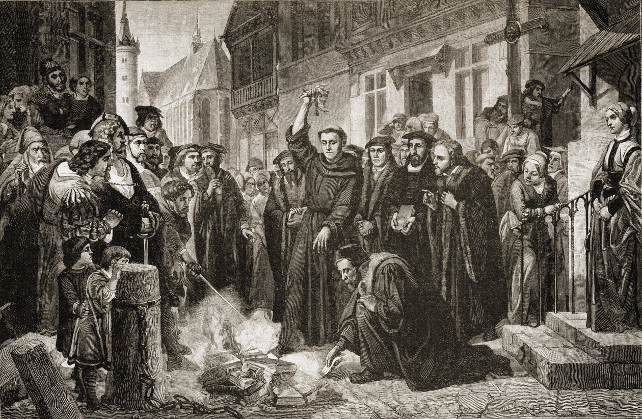 Martinho Lutero (1483-1556) que queima a bula papal em 1520 de English School
