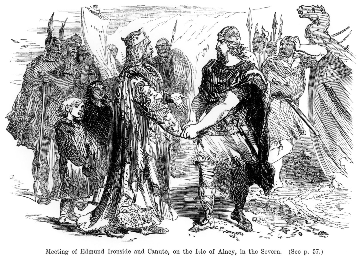 Encontro de Edmund Ironside (981-1016) e Canute (994-1035) na Ilha de Alney no Severn em 1016 de English School