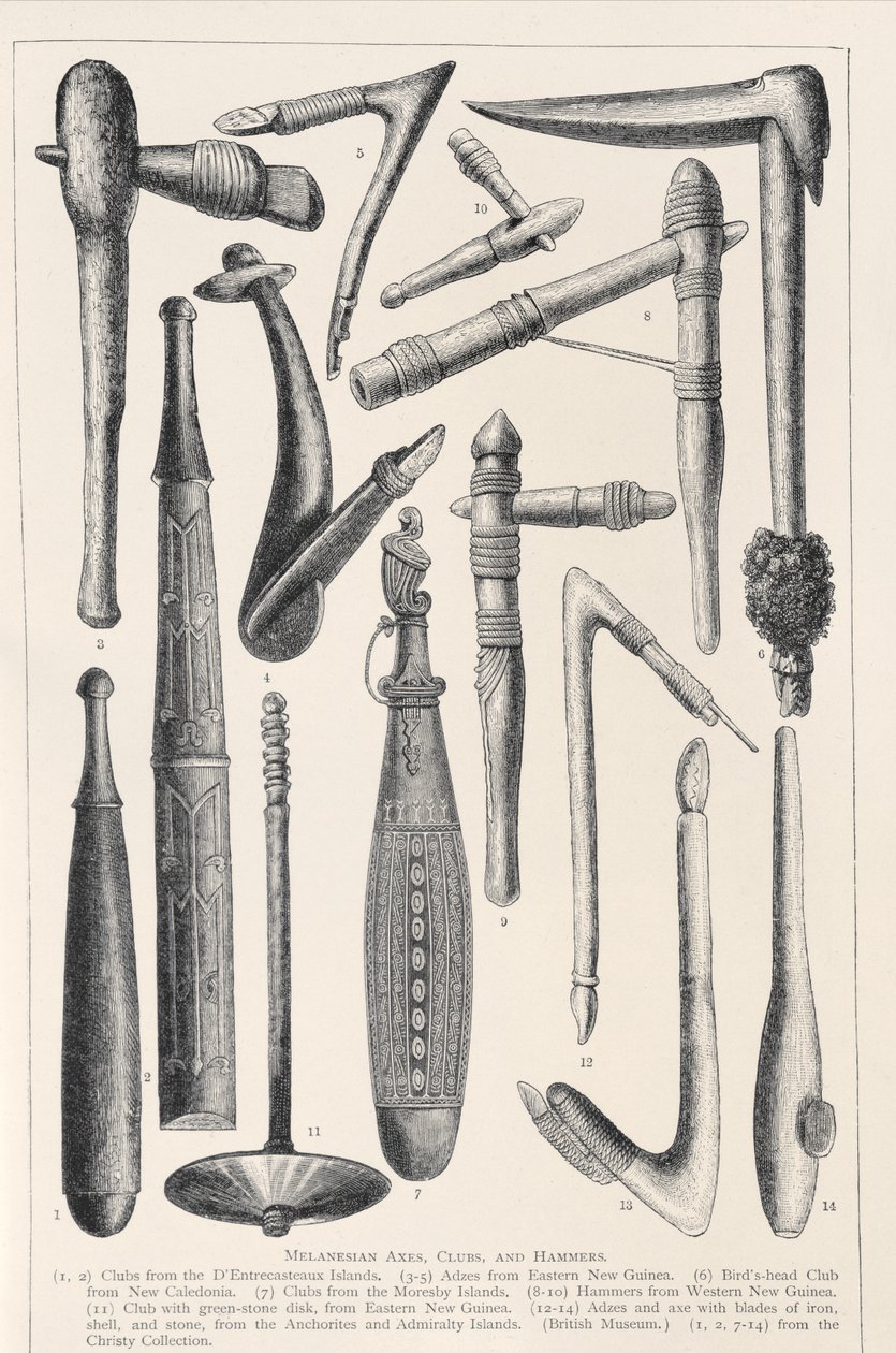 Eixos, clubes e martelos da Melanésia, de The History of Mankind, Vol. 1, do Prof. Friedrich Ratzel, 1896 de English School