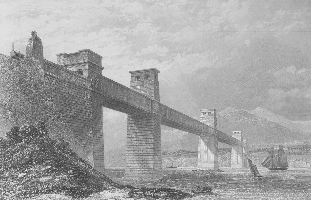 Estreito de Menai, País de Gales - A Ponte Ferroviária Britannia Tubular da &39;Cyclopaedia of Useful Manufactures und Manufactures&39;, editada por Charles Tomlinson, c.1880s de English School