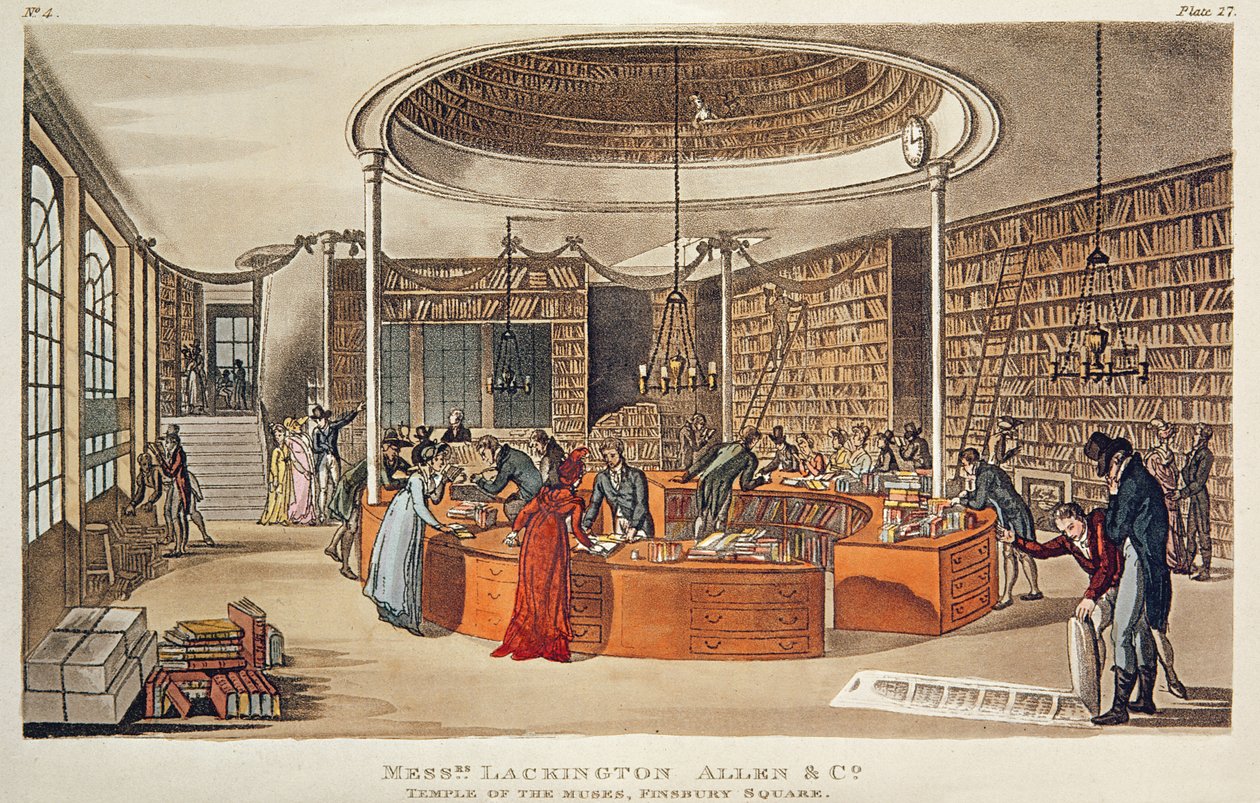 Srs. Lackington, Allen und Co. Templo das Musas, Finsbury Square, Londres, 1809 (gravura colorida à mão com aquatint) de English School