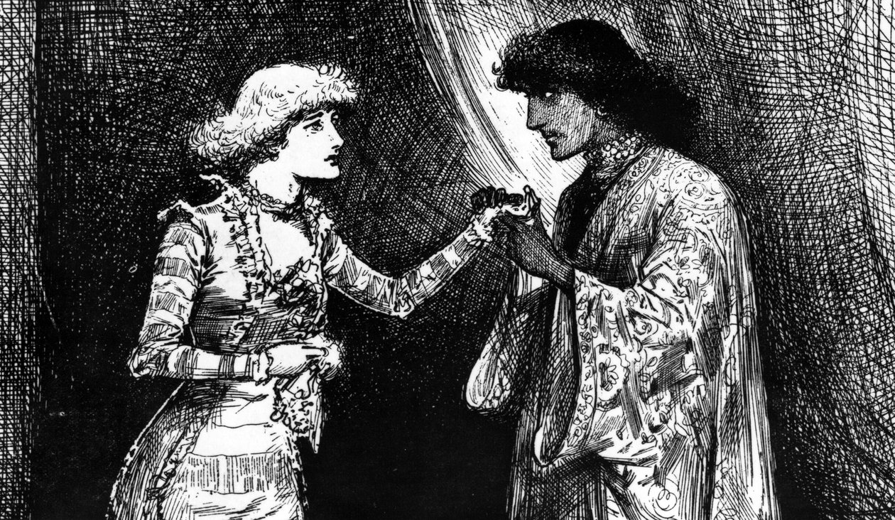 Senhorita Ellen Terry como Desdemona e Sr. Irving como Otelo de English School