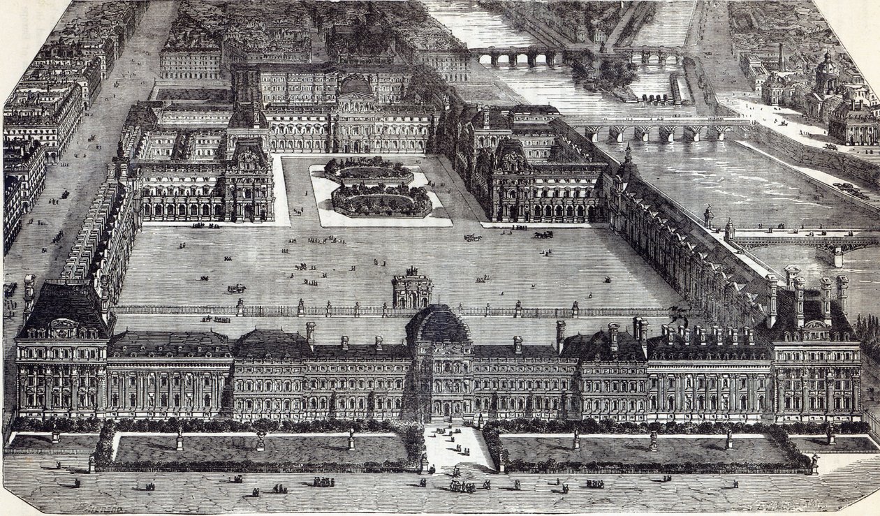 Vista moderna das Tulherias e do Louvre, Paris, 1845 de English School