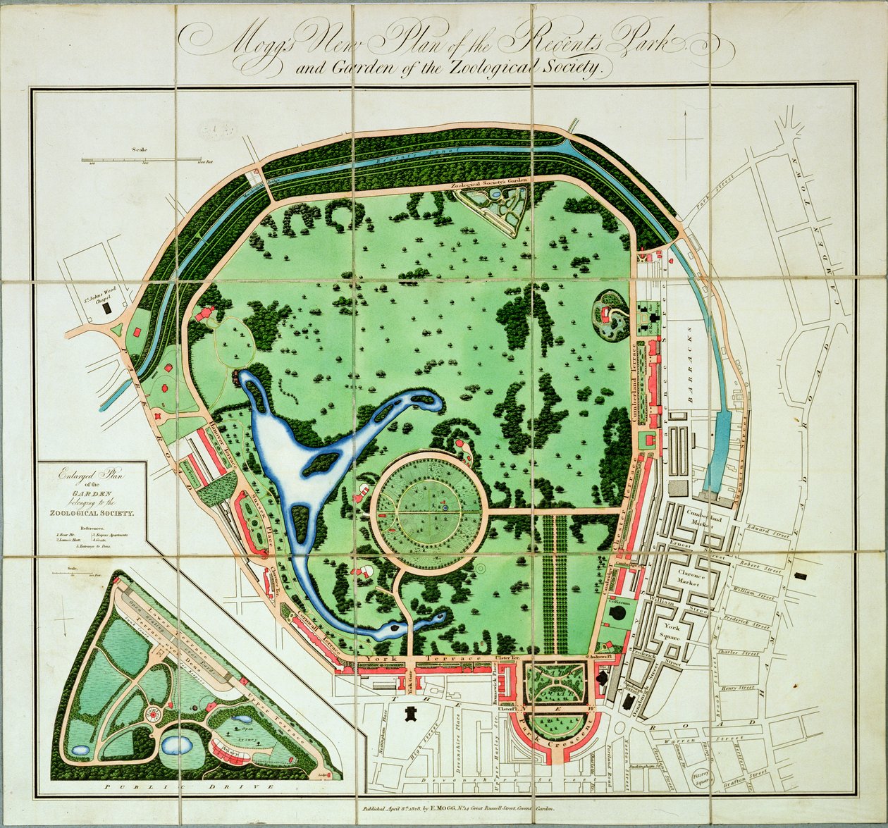 Moggs Novo Plano do Regents Park e Jardim da Sociedade Zoológica, pub. por Edward Mogg, 1828 de English School