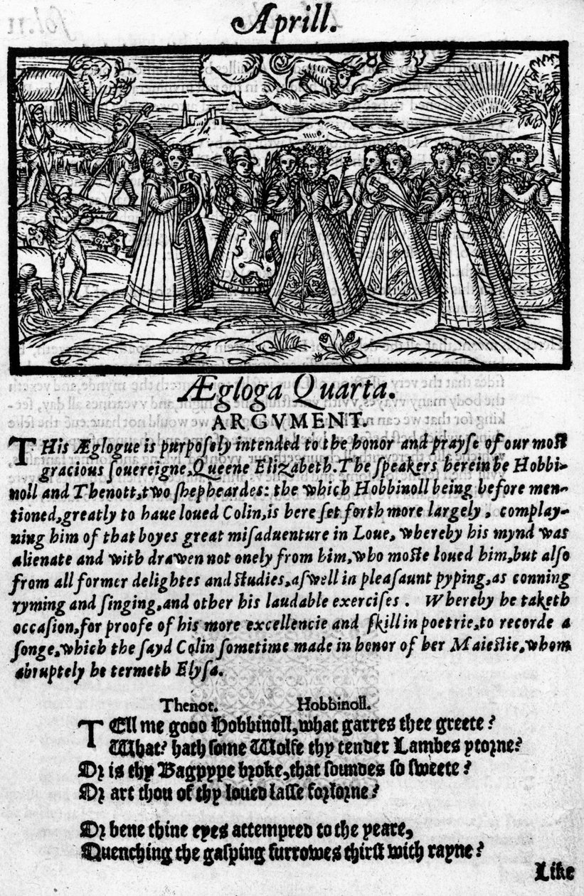 Mês de Abril, de &39;The Shepheardes Calender&39; de Edmund Spenser (1552-99), fac-símile do original publicado em 1579 de English School