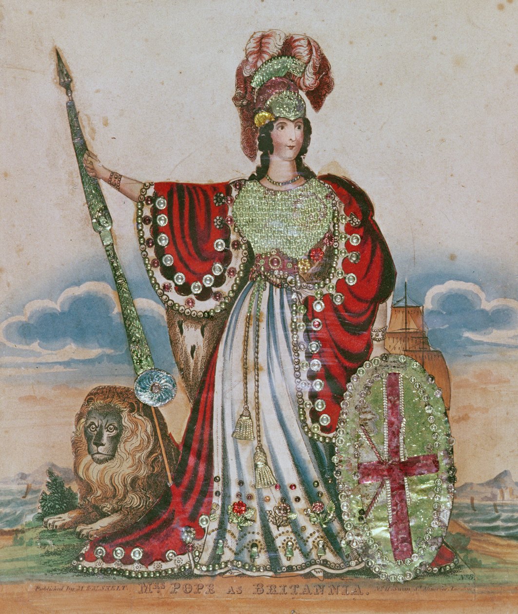 Sra. Pope como Britannia (gravura e colagem) de English School