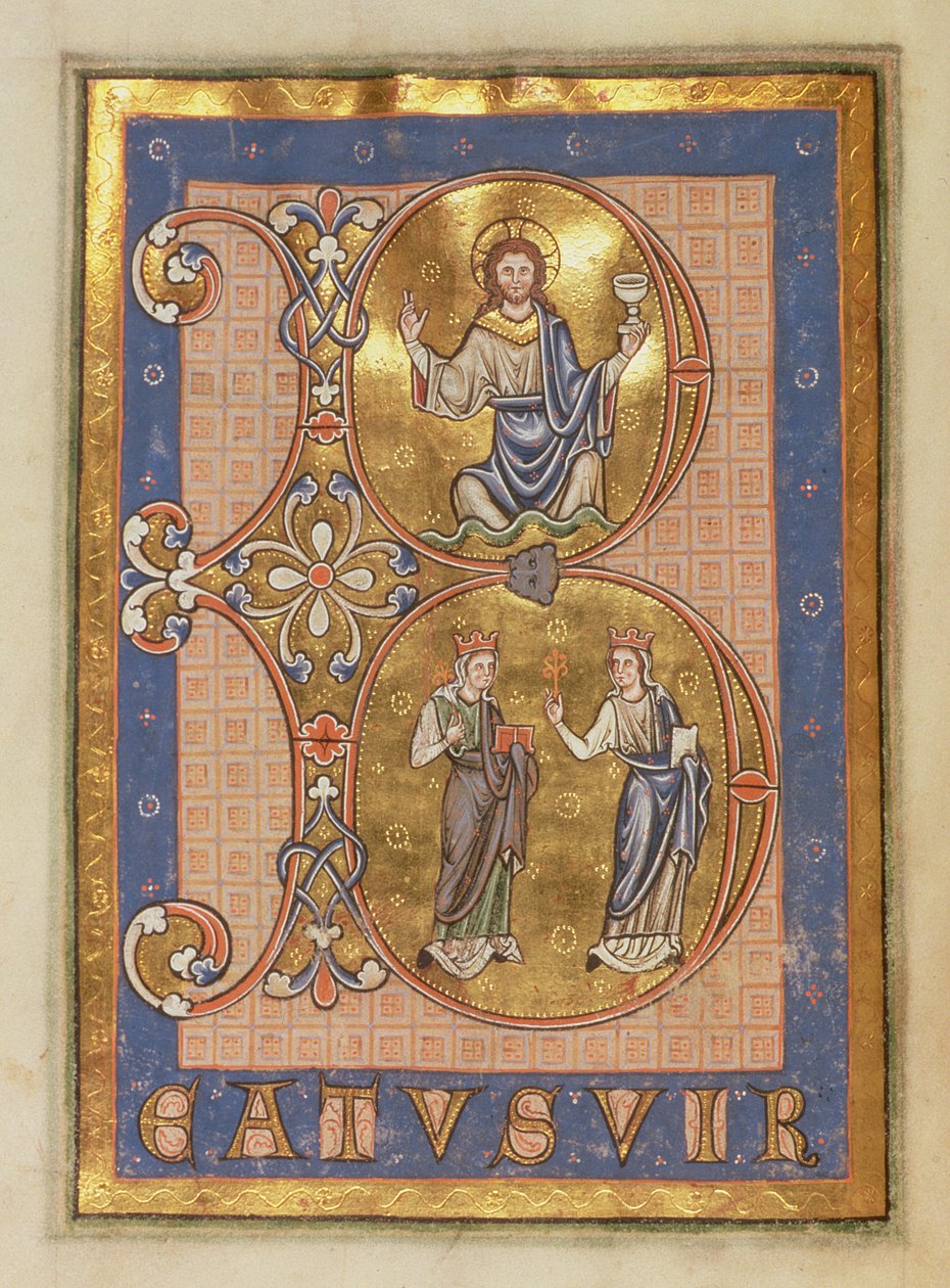 Ms 12 f.12v Inicial B representando, topo: Cristo sentado, fundo: duas mulheres representando Misericórdia e Verdade, do Saltério de Peterborough, c.1260 de English School