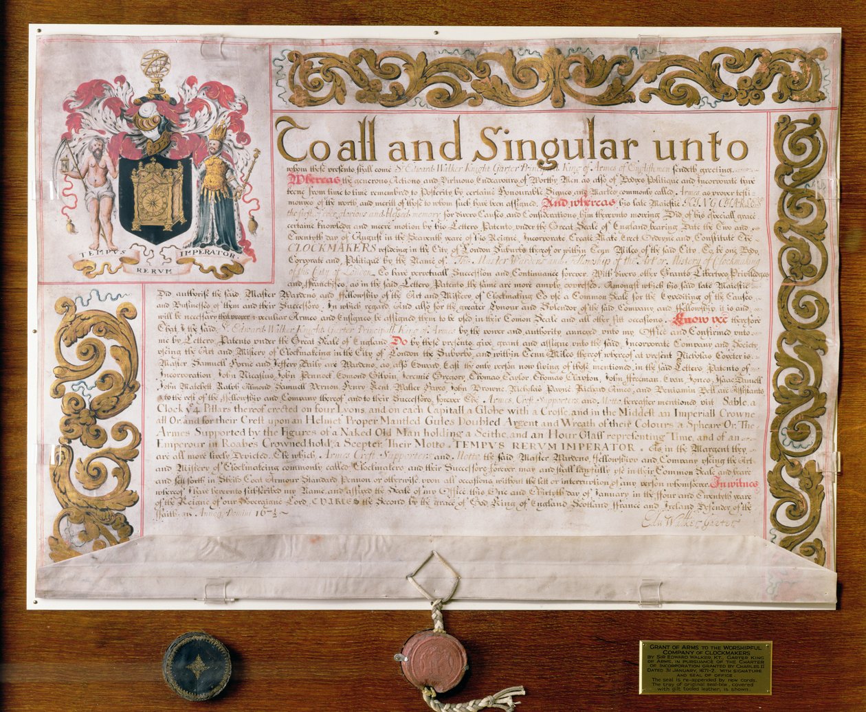 Ms 3970 Concessão de Armas à Companhia de Relógios, por Edward Walker, Jarreteira das Armas, 1671-72 de English School