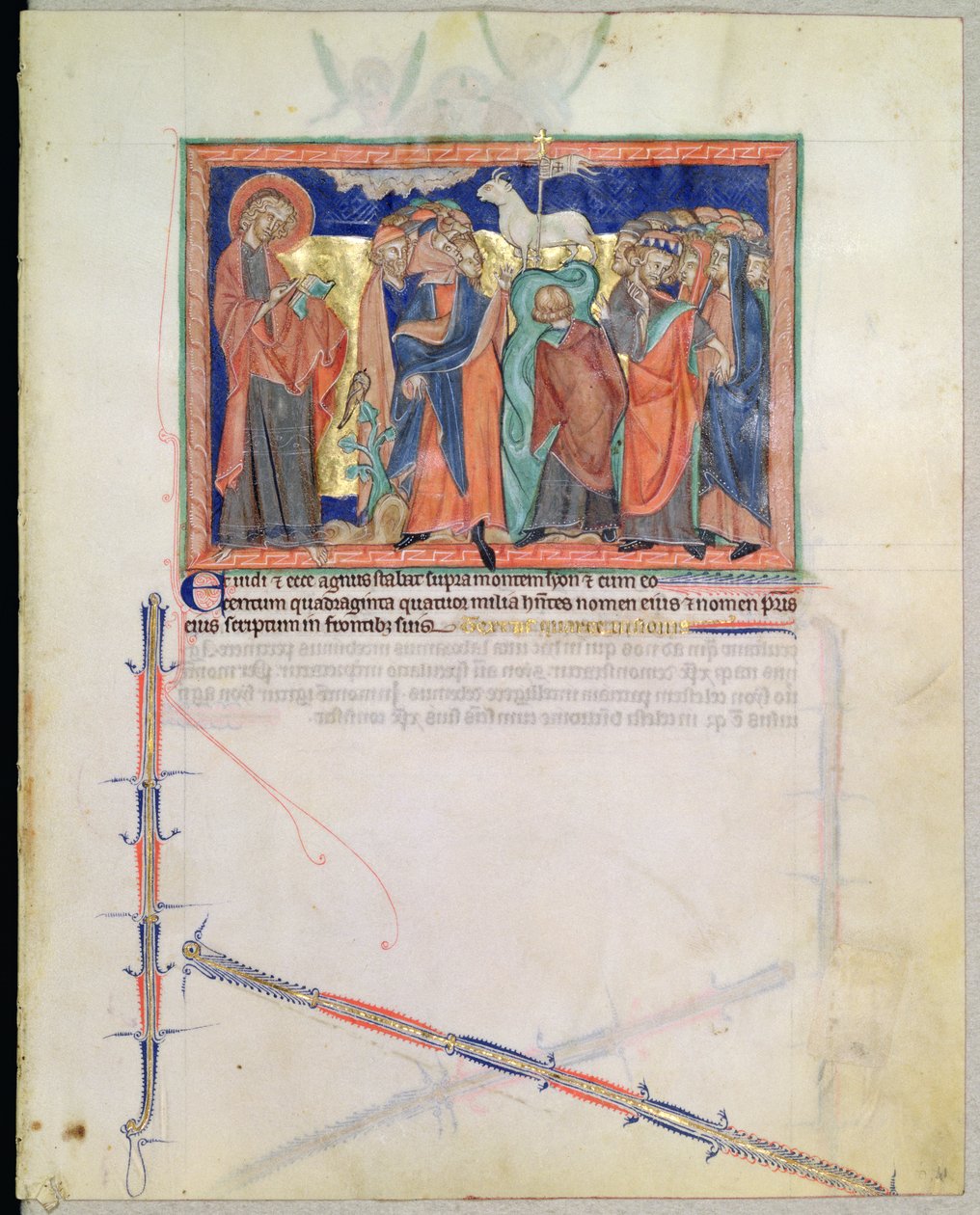 Desconhecida LA 139-Lisboa fol.41 São João Evangelista, observando cento e quarenta e quatro mil, adora o Cordeiro no Monte Sião, do Apocalipse Gulbenkian, c.1265-70 de English School
