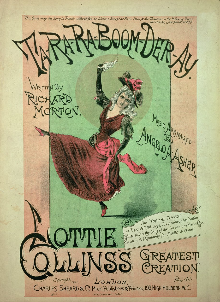 Capa de Música para Ta-Ra-Ra-Boom-Der-Ay, publicada por Charles Sheard & Co, 1891 de English School