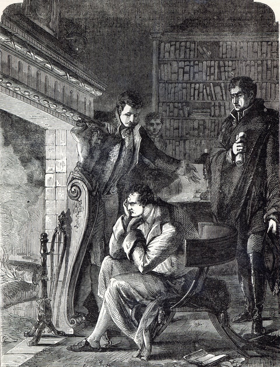 Napoleão cuidando do fogo na noite anterior à sua abdicação e partida de Fontainebleau em 20 de abril de 1814 de English School