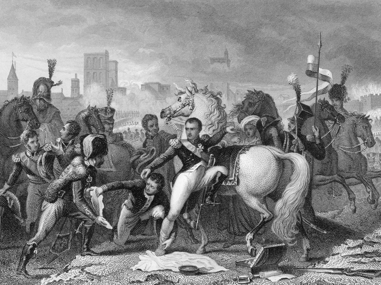 Napoleão ferido no ataque a Ratisbona (Regensburg), Baviera em 1809 de English School
