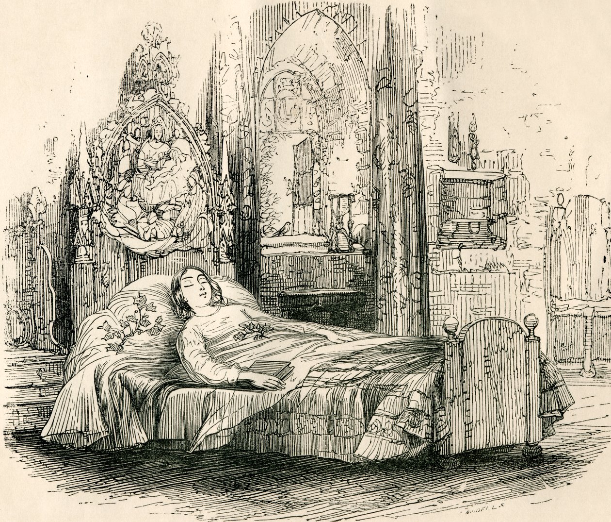 Nell Trent em seu leito de morte, de "The Old Curiosity Shop", de Charles Dickens de English School