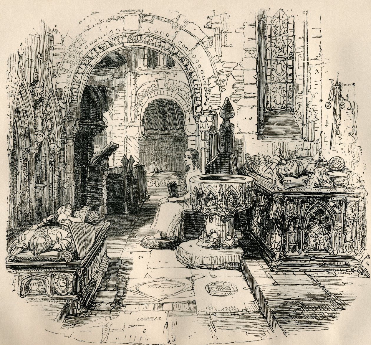 Nell Trent sentado na velha igreja, de &39;The Old Curiosity Shop&39; de Charles Dickens de English School