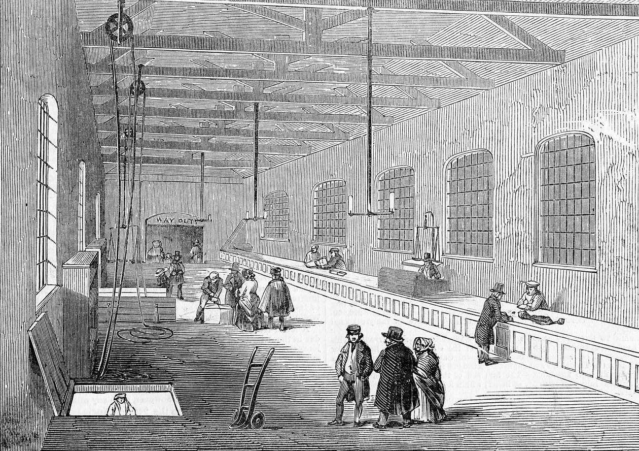 Novo armazém estrangeiro de bagagens, St. Katherine&39;s Docks, publicado no &39;The Illustrated London News&39;, 25 de outubro de 1845 de English School