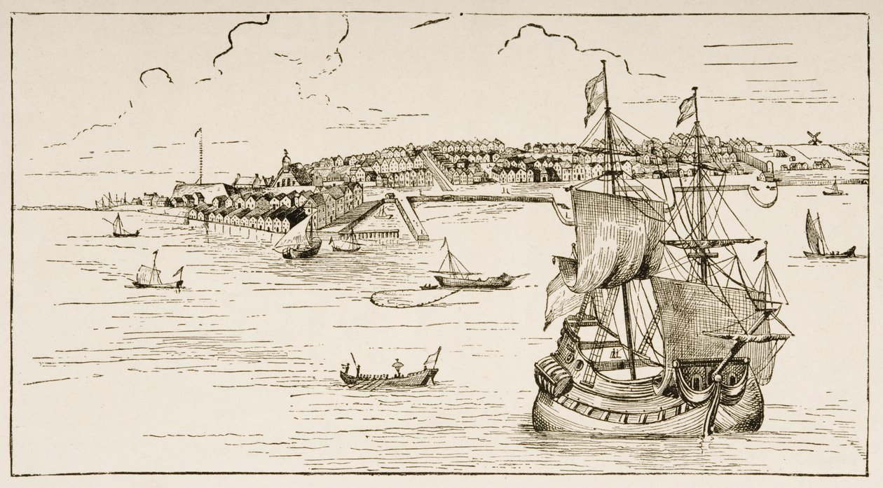 Nova York em 1673, de "American Pictures", publicado pela Sociedade de Tratados Religiosos, 1876 de English School