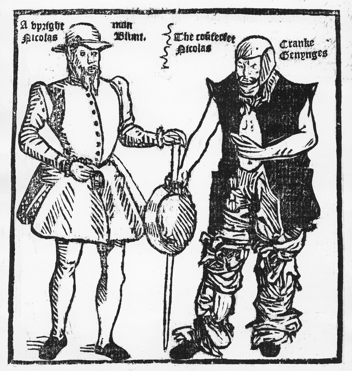 Nicholas Jennings, disfarçado de um aleijado e de um líder de gangue, de "Groundworke of Conycatching" do século XVII de English School