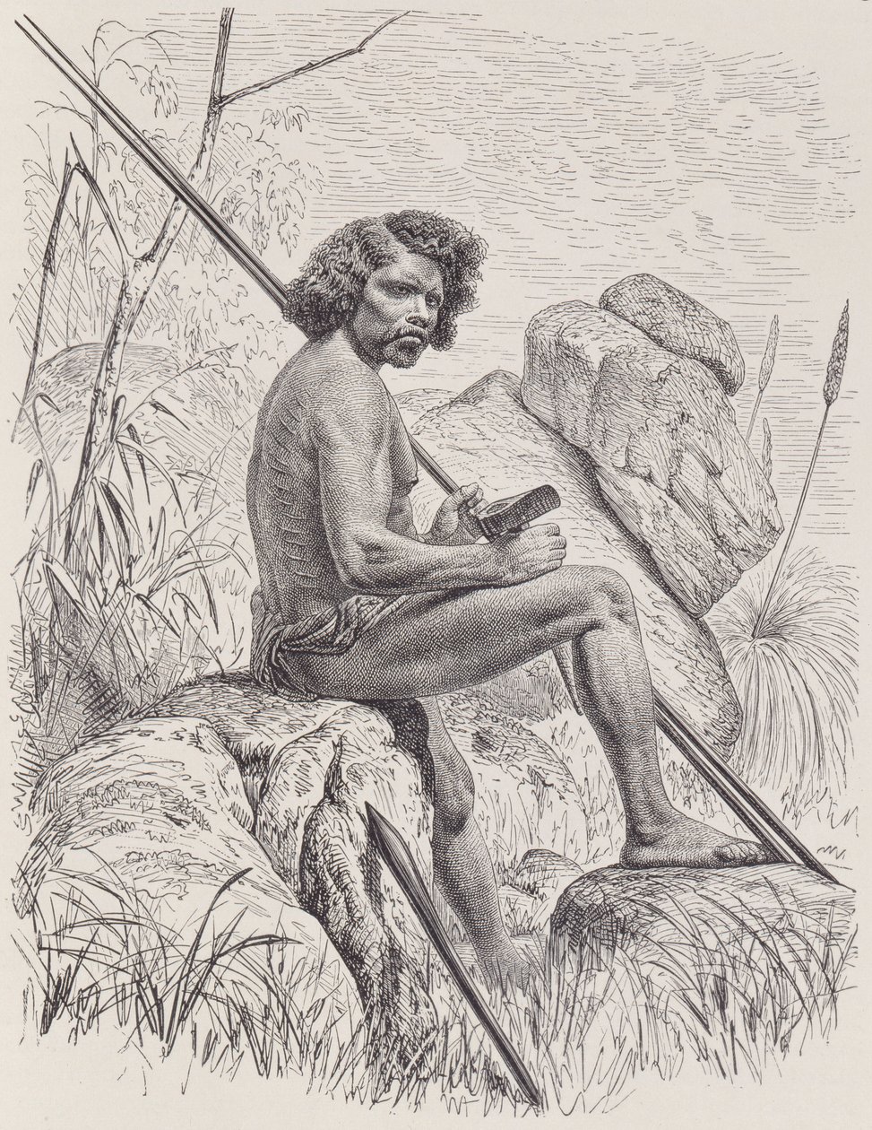 Norte da Austrália com lanças, machados e paus, de The History of Mankind, Vol.1, de Friedrich Ratzel, 1896 de English School