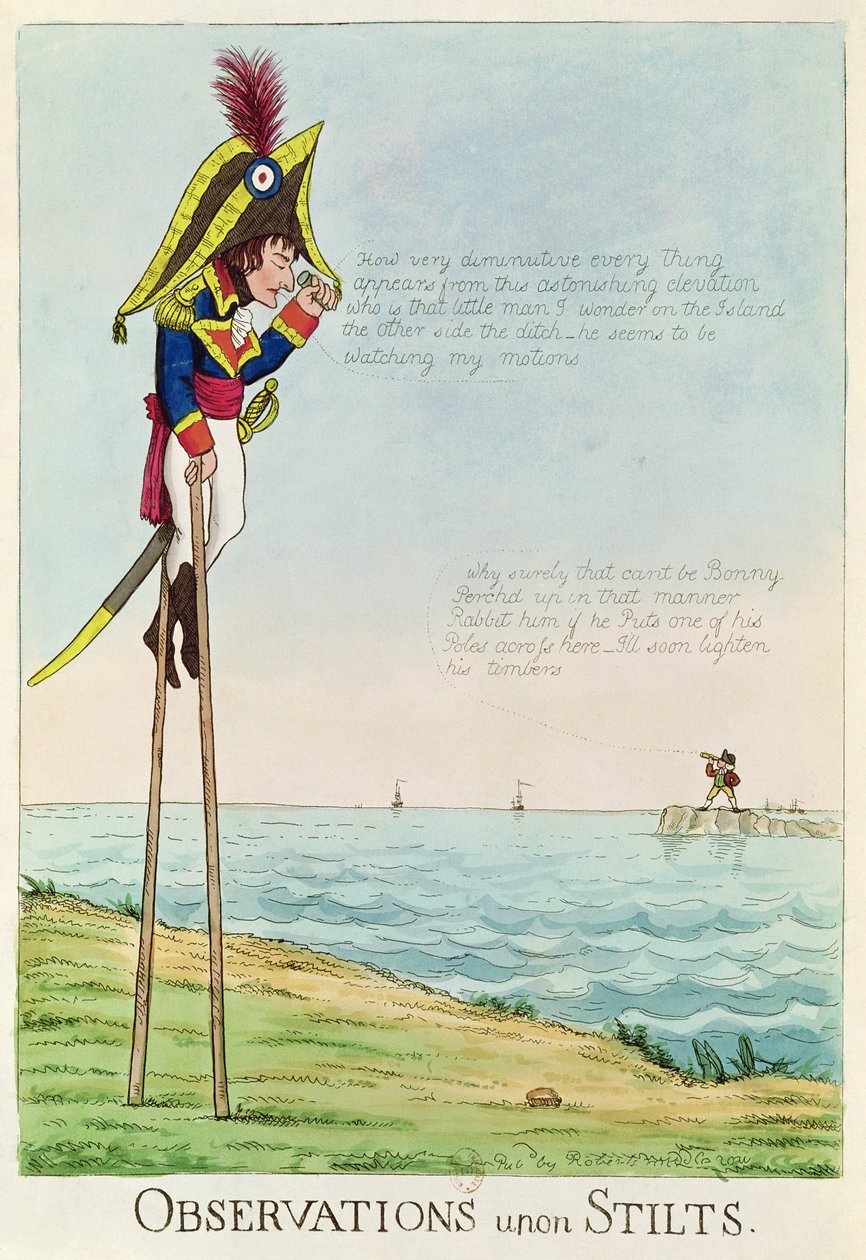 Observações Sobre palafitas, caricatura de Napoleão de pé sobre palafitas observando Pitt e Inglaterra do outro lado do Canal de English School