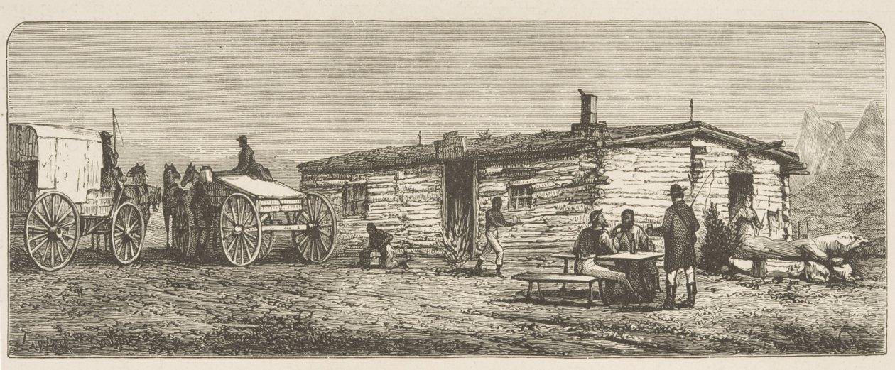 Old Post Station na pradaria, perto de Denver, c.1870, de &39;American Pictures&39;, publicado pela The Religious Tract Society, 1876 de English School