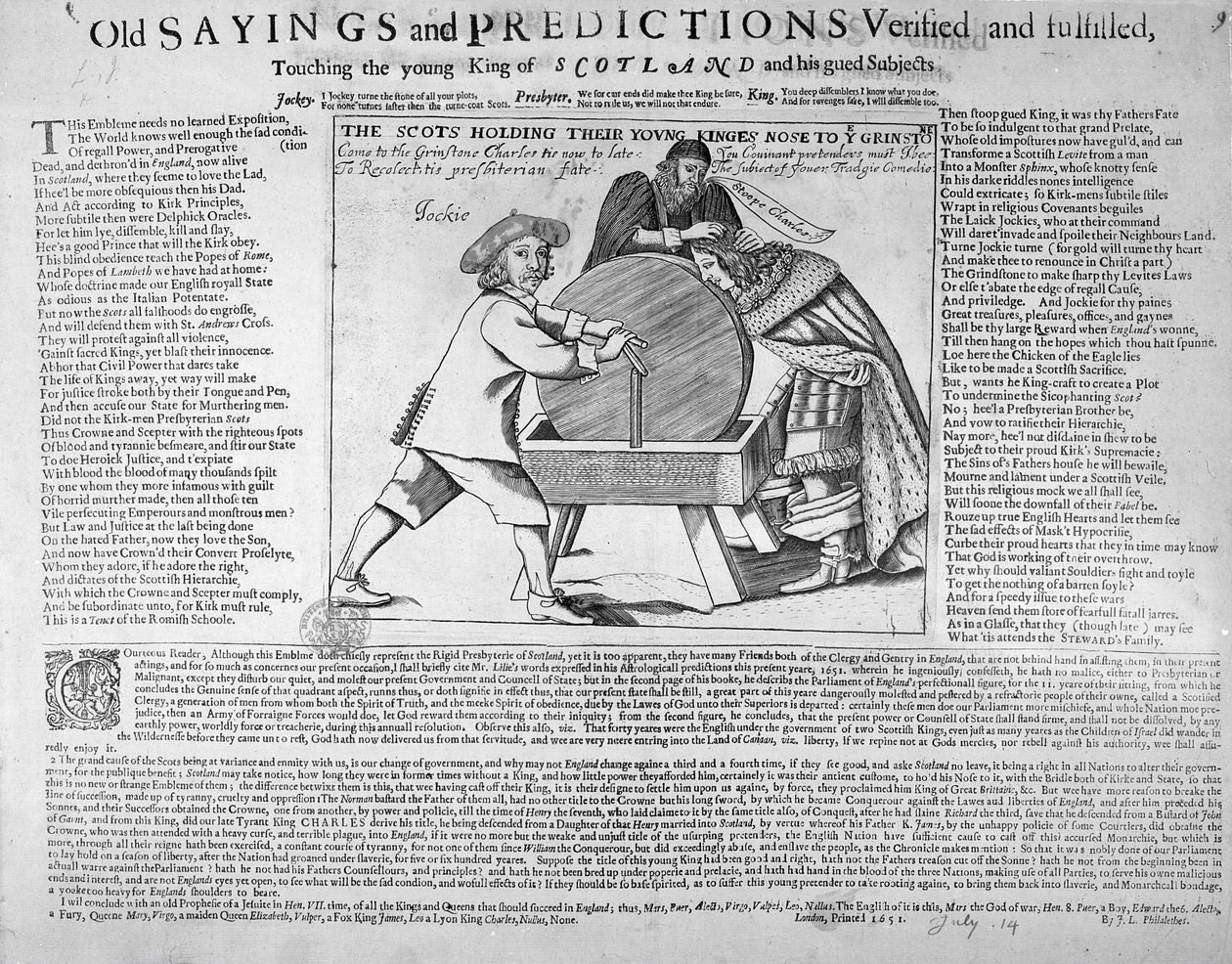 "Provérbios e previsões antigos verificados e cumpridos, tocando o jovem rei da Escócia e seus assuntos guiados", publicado em 1651 de English School