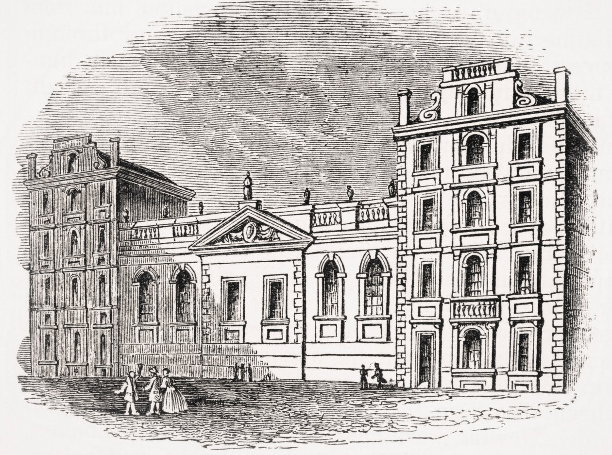 A Velha Escola de São Paulo, em Londres, antes do Grande Incêndio, de "Old England&39;s Worthies", de Lord Brougham e outros, publicou Londres, em 1880 de English School
