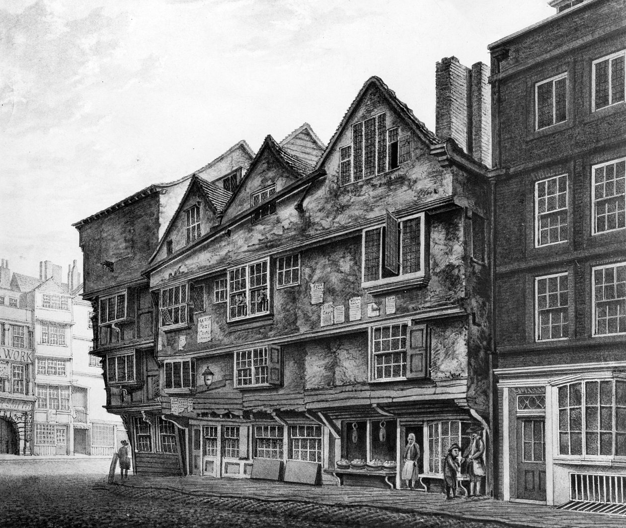 Casas antigas e shopfronts em Chancery Lane, Londres, 1798 de English School
