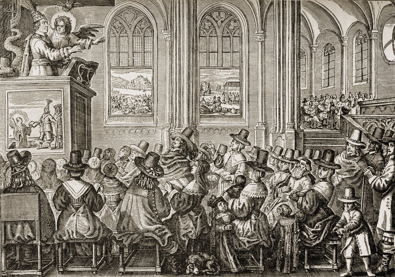 Oliver Cromwell (1599-1658) pregando a uma congregação puritana de English School