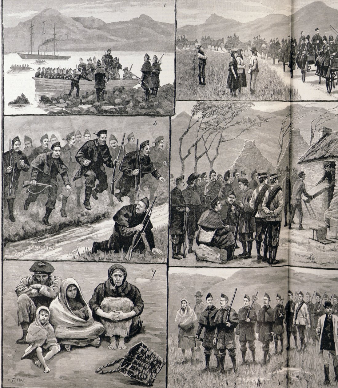 Sobre o dever de despejo na Irlanda: Esboços em Galway com as Forças Militares e Policiais, de &39;The Illustrated London News&39;, 5 de janeiro de 1886 (detalhe de 127867) de English School