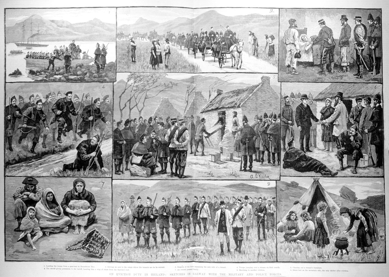 Sobre o dever de despejo na Irlanda: Esboços em Galway com as Forças Militares e Policiais, de &39;The Illustrated London News&39;, 5 de janeiro de 1886 de English School