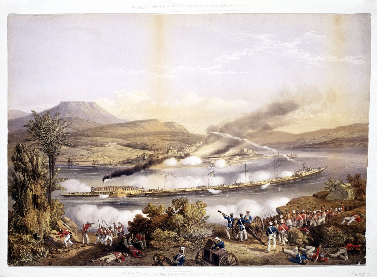 Navio de pás e barcaças, do sistema de navegação fluvial indiana por John Bourned, 1858 de English School