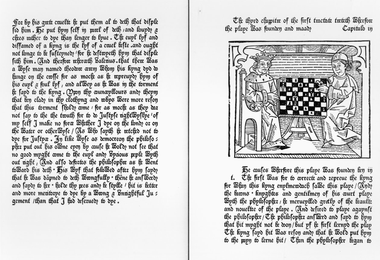 Páginas da tradução inglesa de &39;De Ludo Saccorum&39; por Jacques de Cessoles, incluindo uma ilustração de duas pessoas jogando xadrez, c.1483 de English School