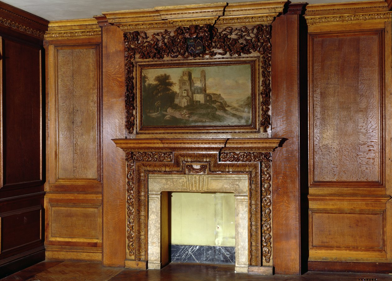 Paneling e chaminé do Palácio Velho, Bromley-by-Bow, c.1605 de English School