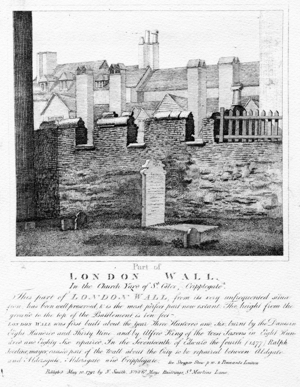 Parte da Muralha de Londres, na Igreja Quintal de St. Giles, Cripplegate, publicado em 1792 de English School