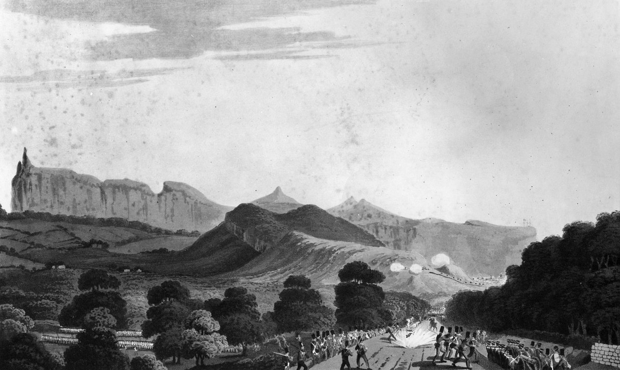 Parte do exército britânico formando antes de Port Louis, gravado por I. Clark, 1813 (aquatint) de English School