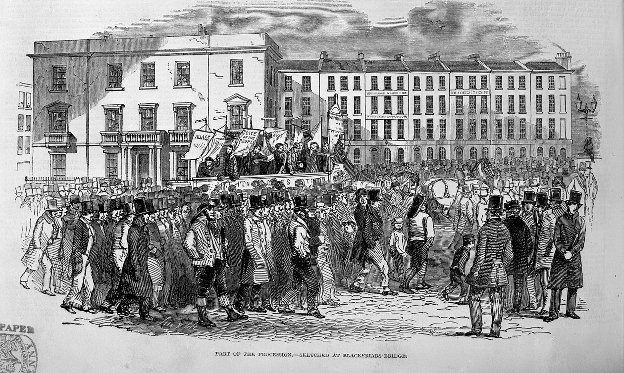 Parte da procissão cartista esboçada na Ponte Blackfriars, 10 de abril de 1848 de English School