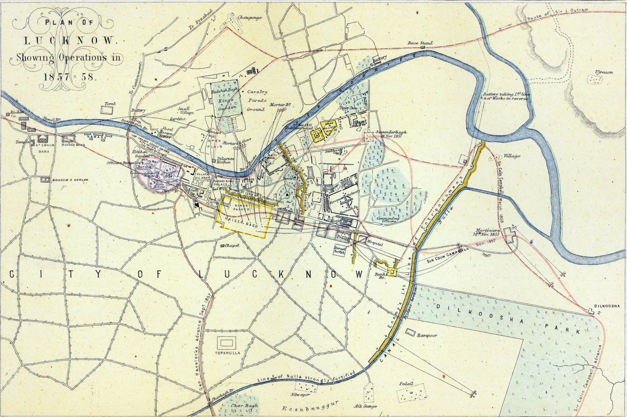 Plano de Lucknow mostrando Operações em 1857-58, pub. por William Mackenzie, c.1860 de English School