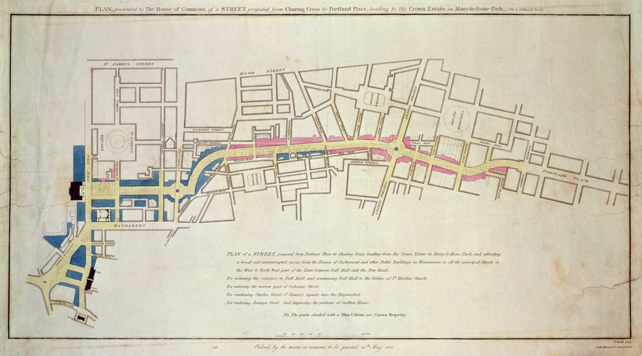 Plano da rua proposta que vai de Charing Cross a Portland Place, 1848 de English School