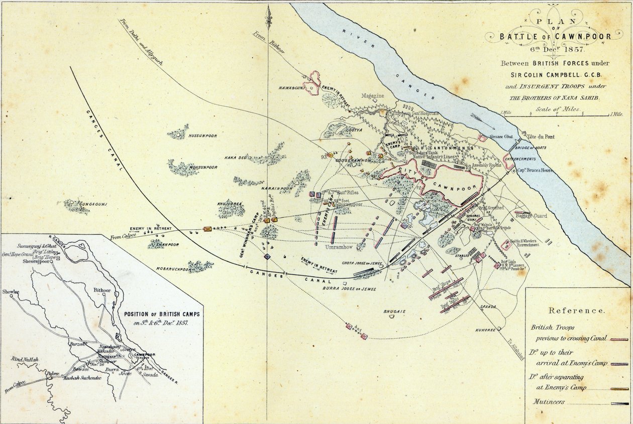 Plano da batalha de Cawnpoor, 6 de dezembro de 1857, gravado por Guyot und Wood, pub. por William Mackenzie, c.1860 de English School