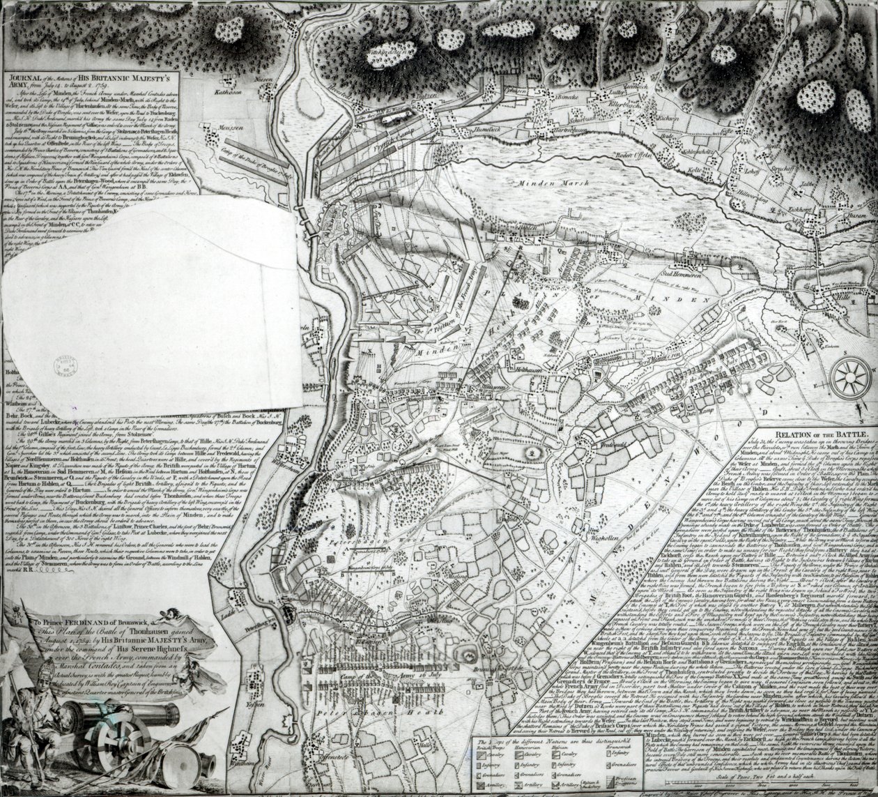 Plano da Batalha de Minden, desenhada pelo Capitão William Roy e gravada por Thomas Major, 1760 de English School