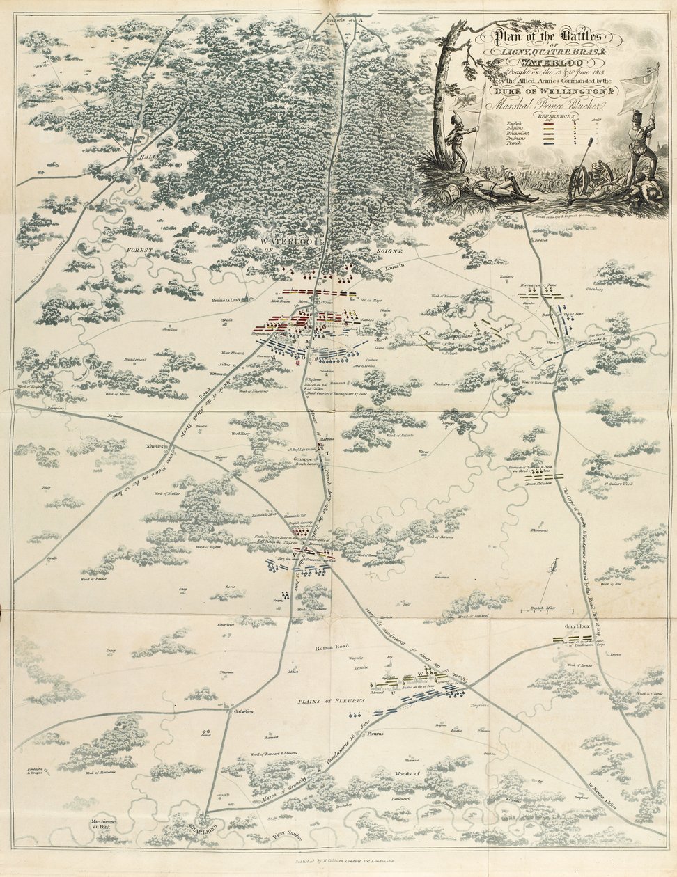 Plano das Batalhas de Ligny, Quatre Bras e Waterloo lutaram em 16 e 18 de junho de 1815 pelos exércitos aliados comandados pelo Duque de Wellington e pelo Marechal Prince Blücher, de "Uma Conta Histórica". de English School