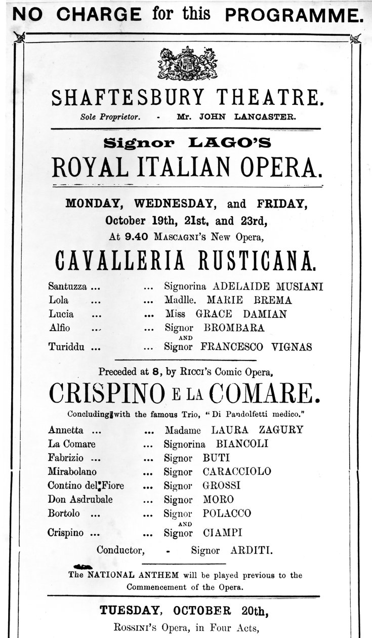 Playbill anunciando uma performance de &39;Cavalleria Rusticana&39; e &39;Crispino e la Comare&39; no Shaftesbury Theatre, 1891 (impresso) de English School