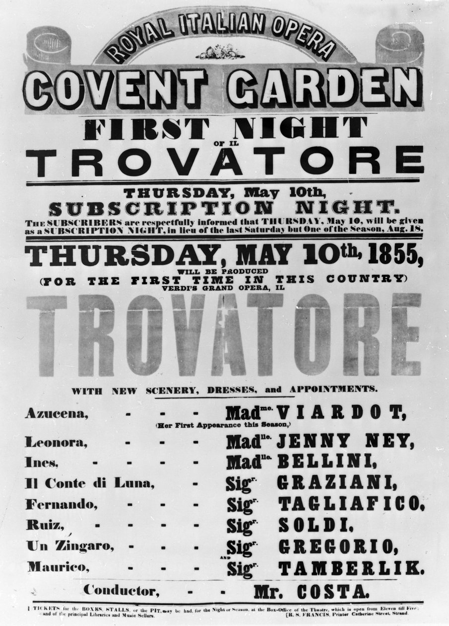 Playbill para a Royal Italian Opera em Covent Garden, 1855 (papel impresso) de English School