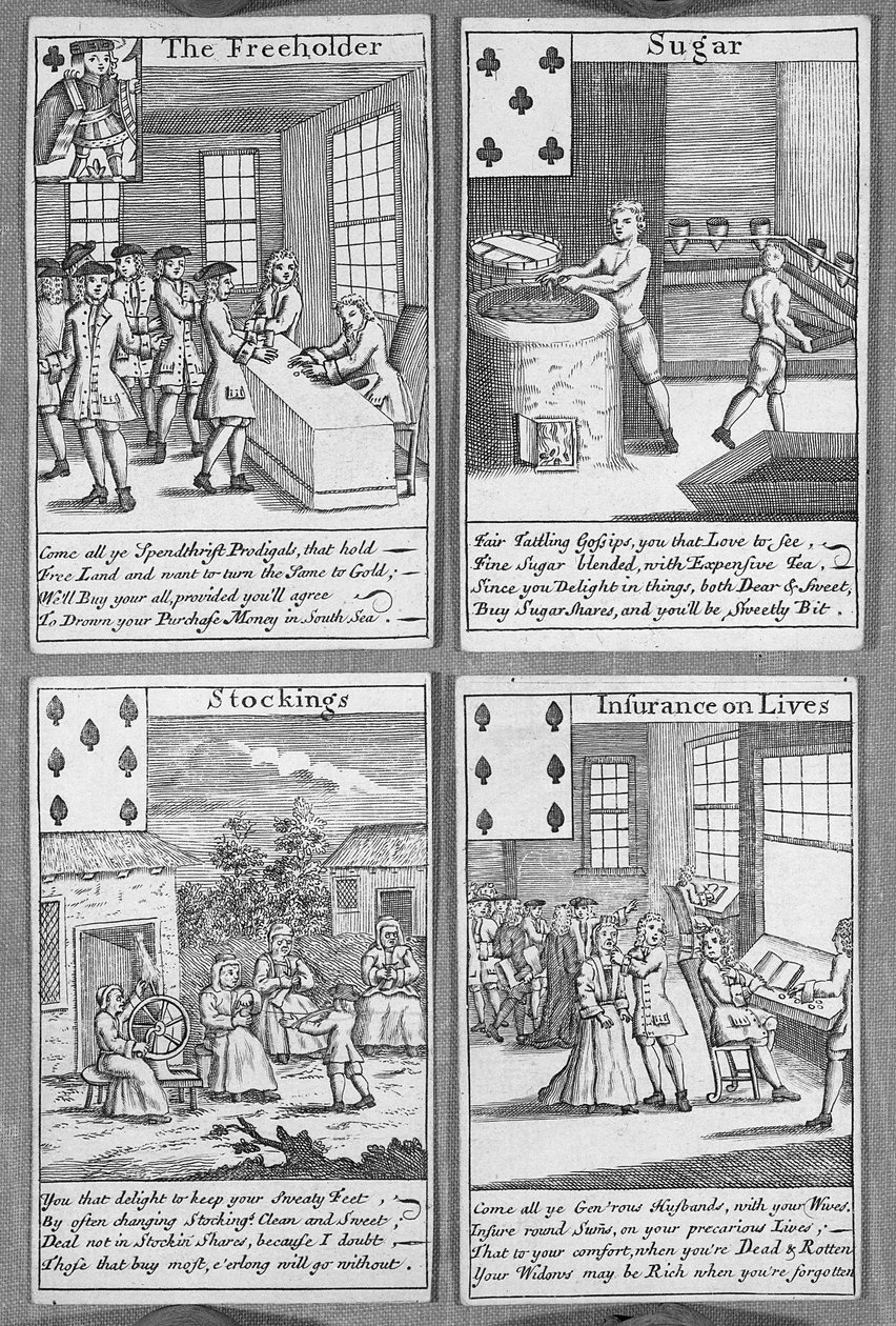 Cartas de jogar representando empreendimentos comerciais atuais, c.1720 (impressão) de English School