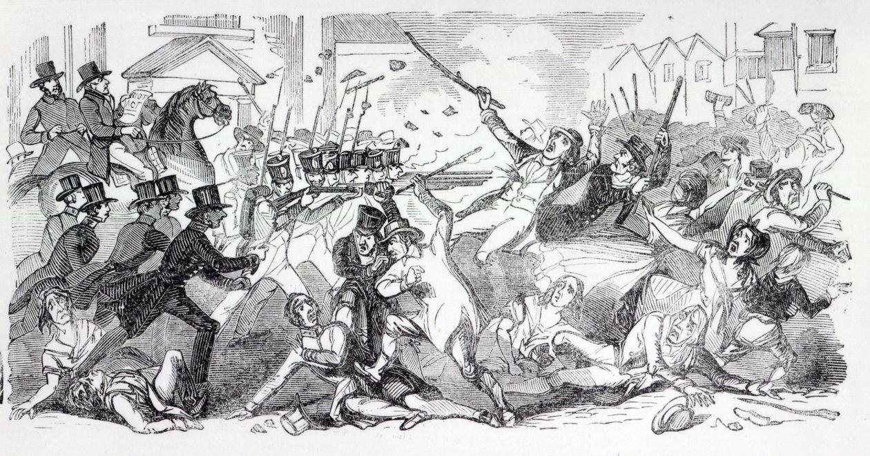 Plug Plot Riot em Preston, ilustração de &39;The Illustrated London News&39;, agosto de 1842 de English School
