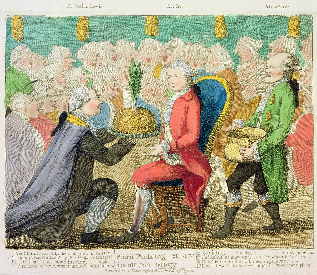 &39;Pudim de Ameixa Billy em toda a sua glória&39;, 1784 (gravura a cores) de English School