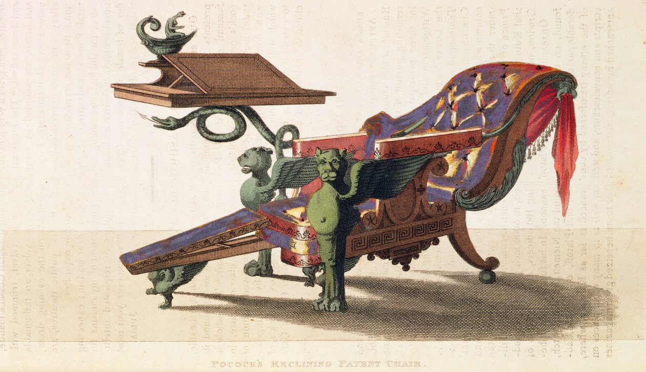 Cadeira reclinável de patentes de Pococks, de Ackermanns Repository of Arts, Vol. I, 9, Plate 19, março de 1813 (impressão) de English School