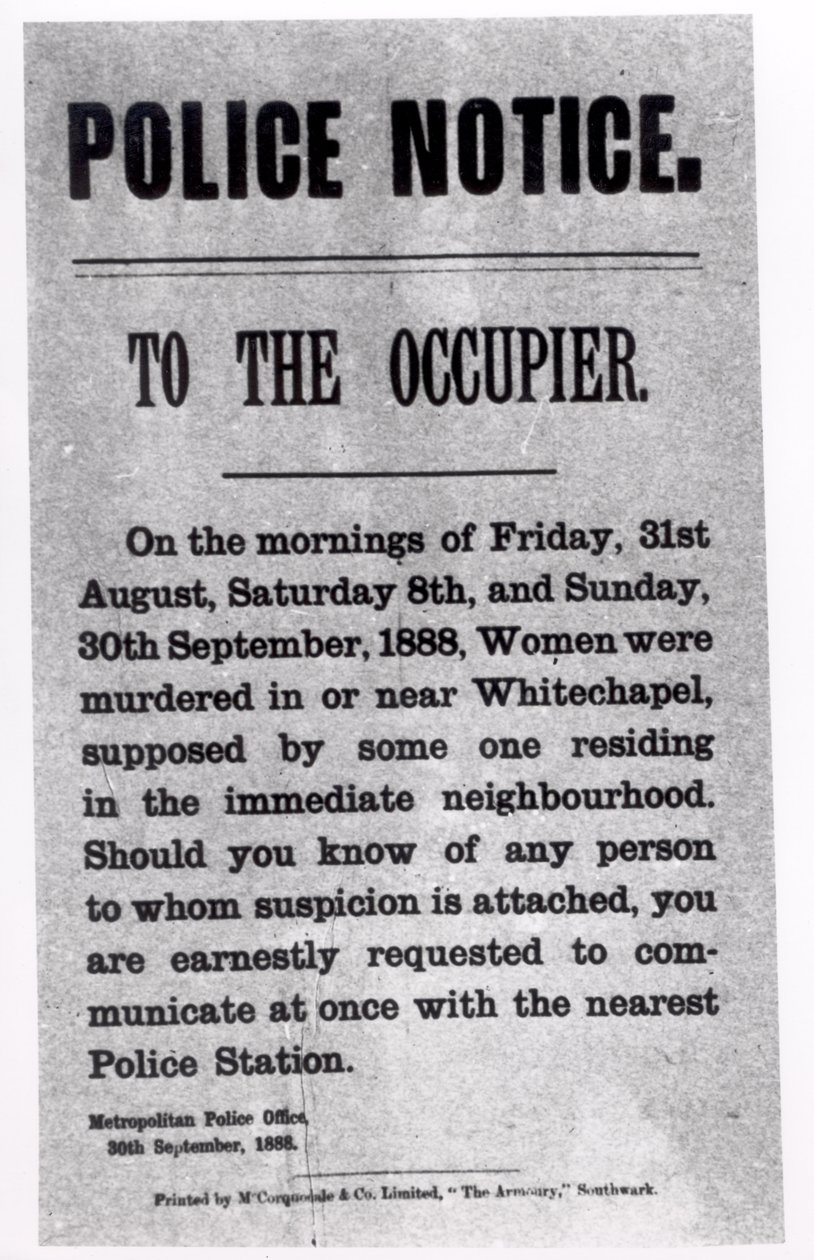 Aviso da Polícia para o Ocupante Relativo a Homicídios em Whitechapel, 30 de setembro de 1888 (impresso) de English School